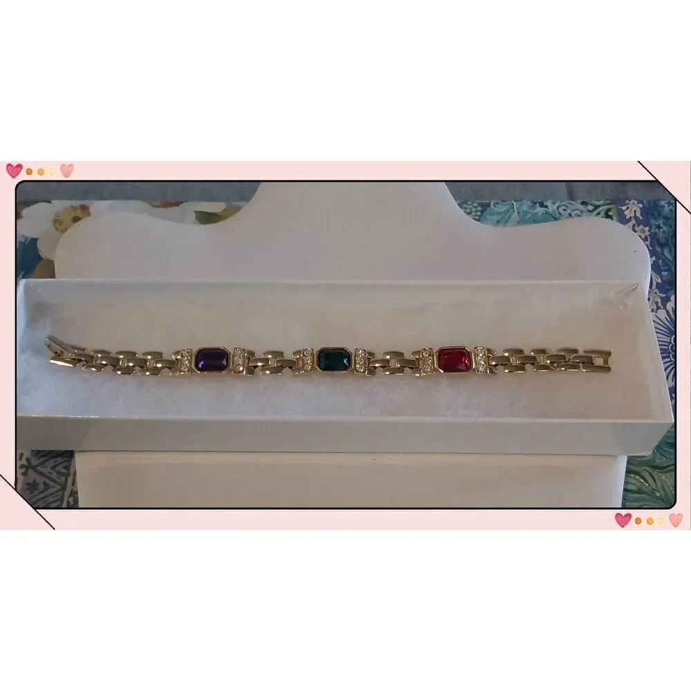 Pretty 18K YGP Multi Gemstone & Crystal Stampato Link Bracelet ,